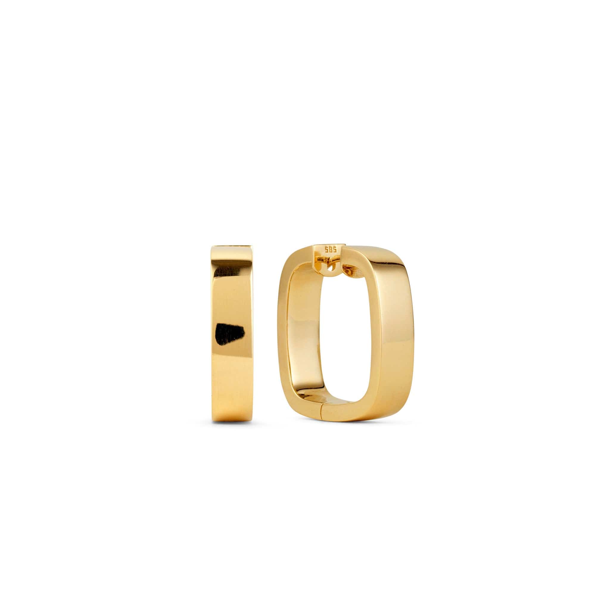 Gold square hoop earrings on a white background.