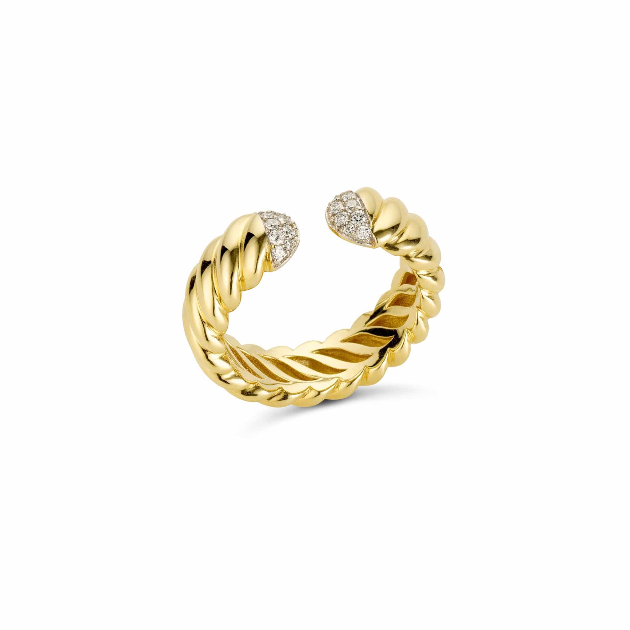 Front angled shot of infinity diamond cuff ring