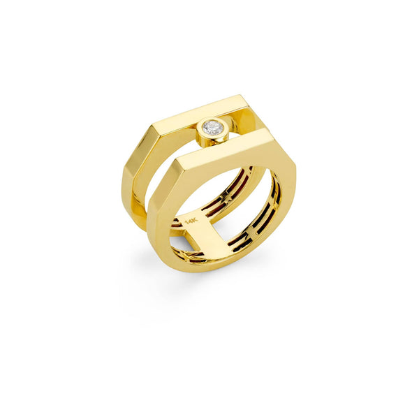 Geometric Double Band and Solitaire Gold Diamond Ring
