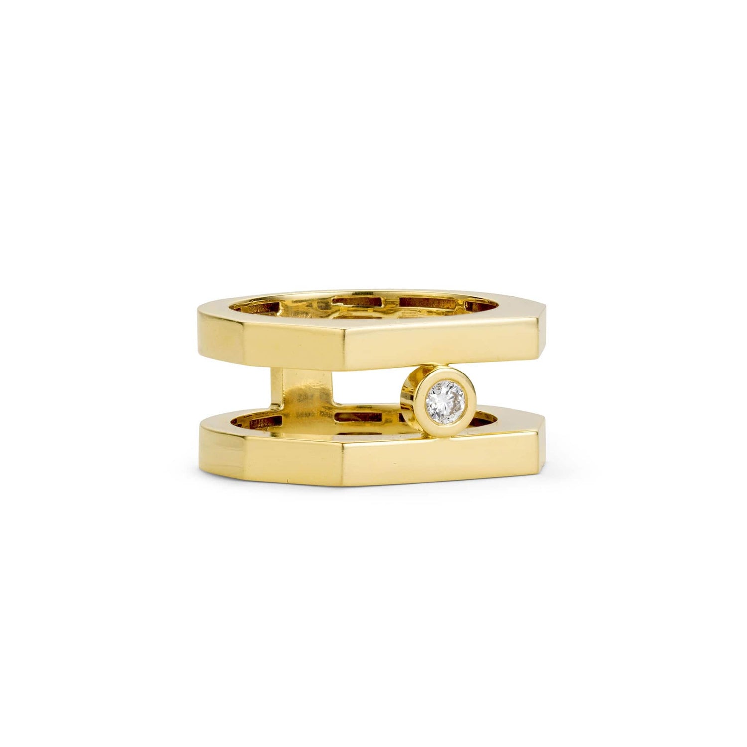 Front shot of double band gold ring resting on its side 