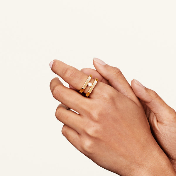 Geometric Double Band and Solitaire Gold Diamond Ring