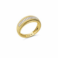 Front shot of pave diamond textured gold ring