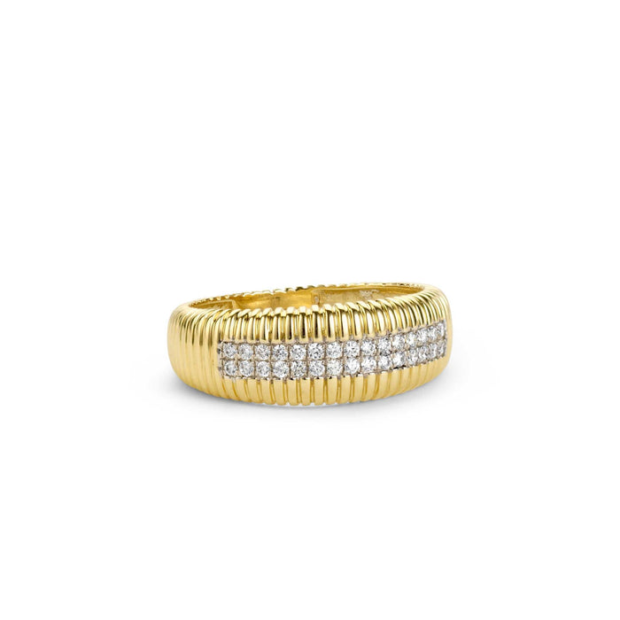Side shot of pave diamond gold ring 