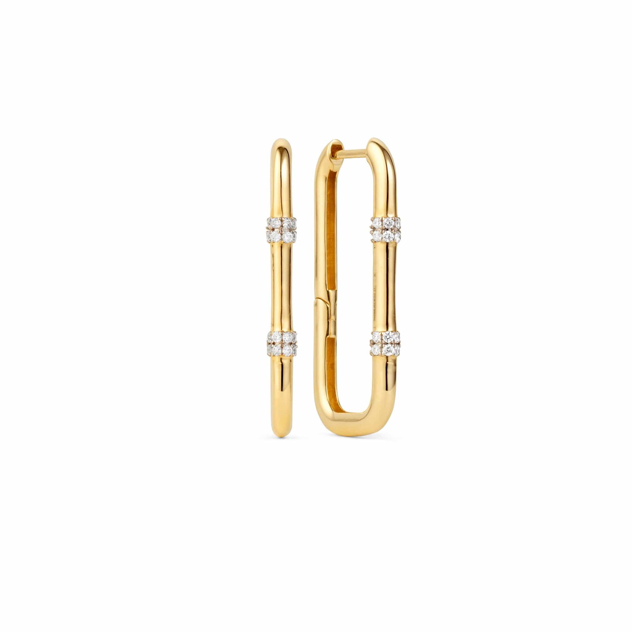 Front and side shot of Rumi double row diamond hoop earrings