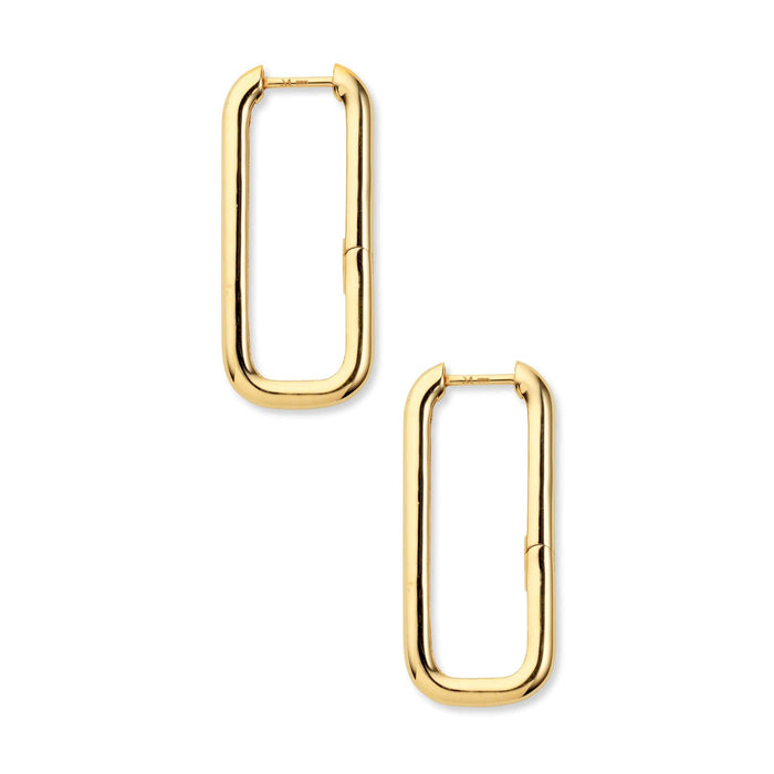 Side shot of gold long hoops