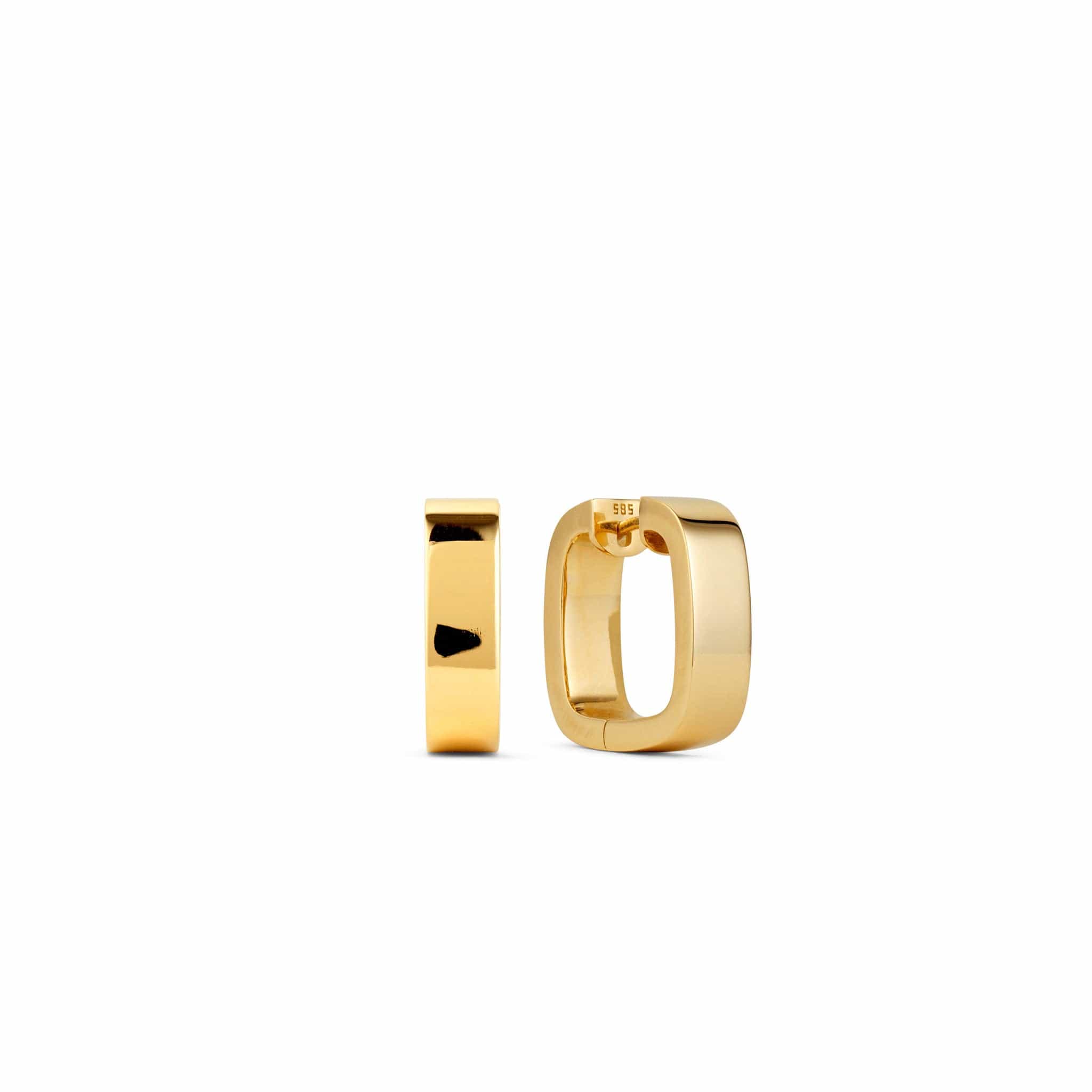 Front and side shot of square textured gold hoop earrings