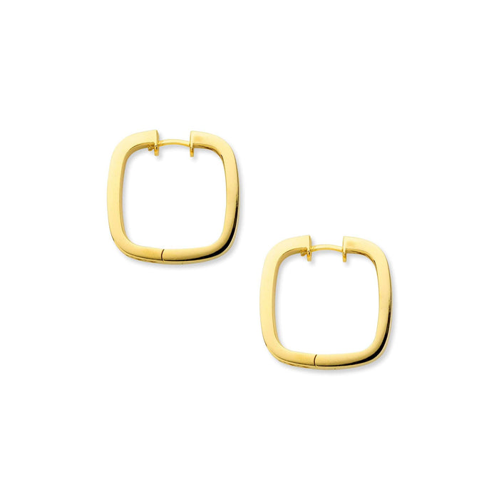 Gold square hoop earrings laid flat.