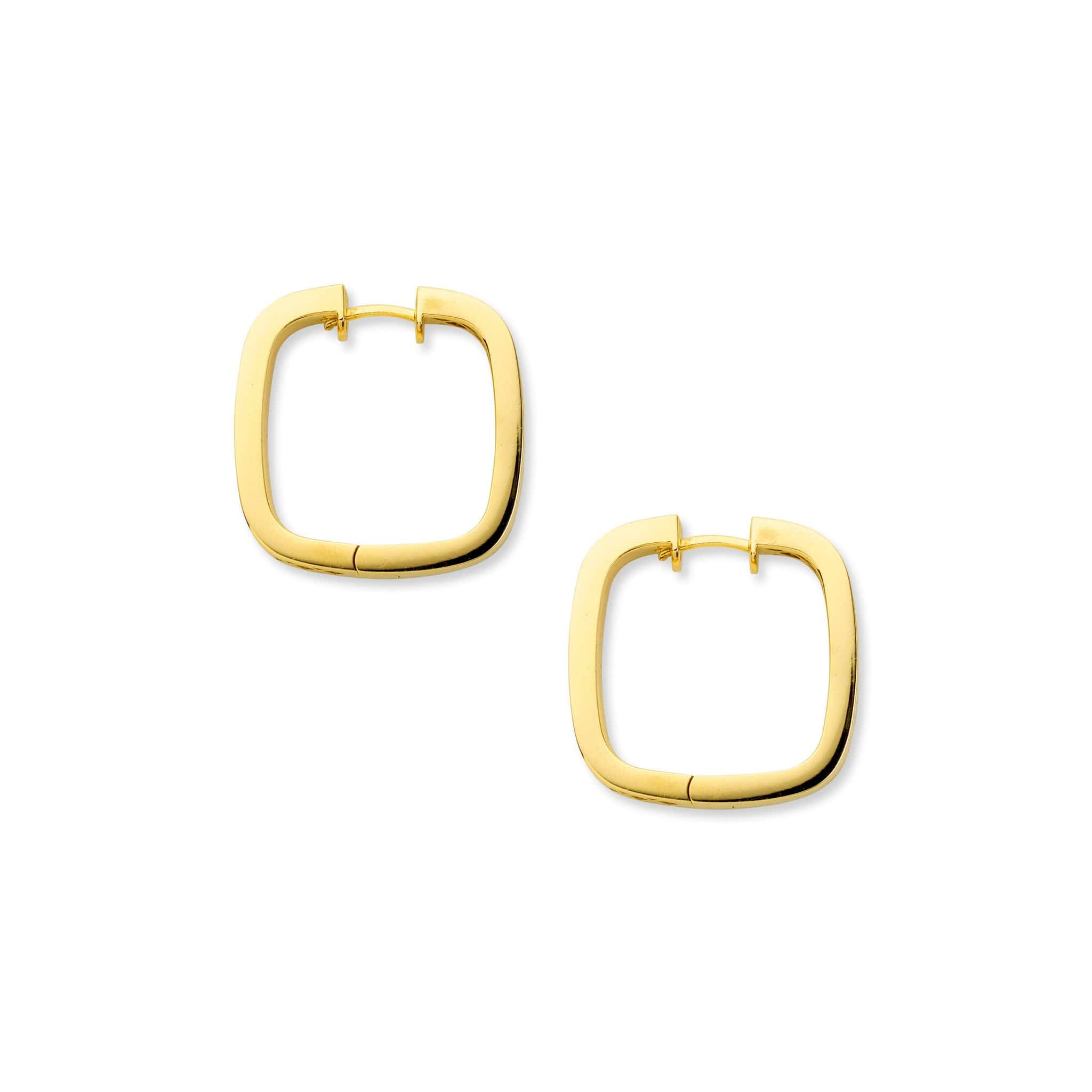 Gold square hoop earrings laid flat.