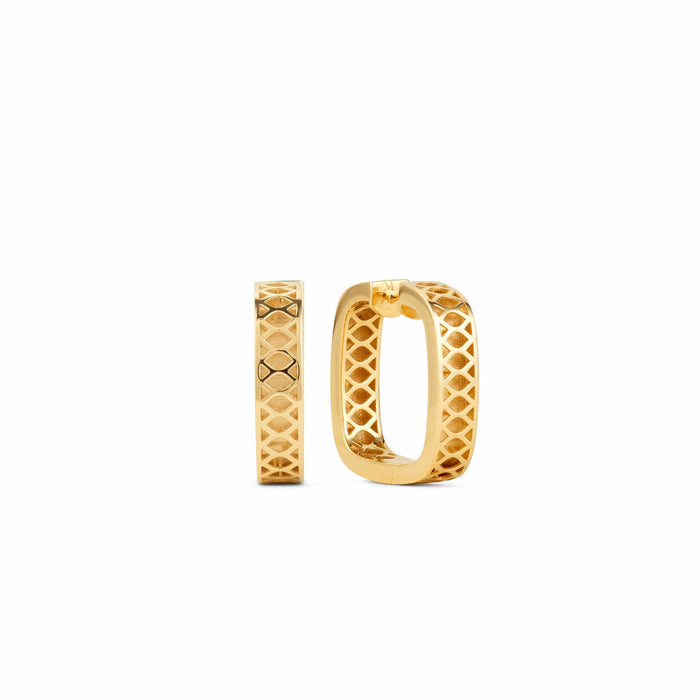 Textured gold square hoop earrings with a diamond-cut pattern.
