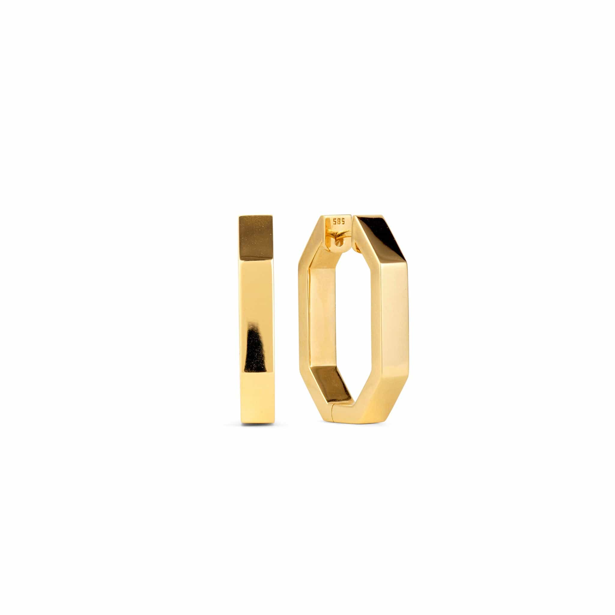 Gold octagon hoop earrings with a polished finish.