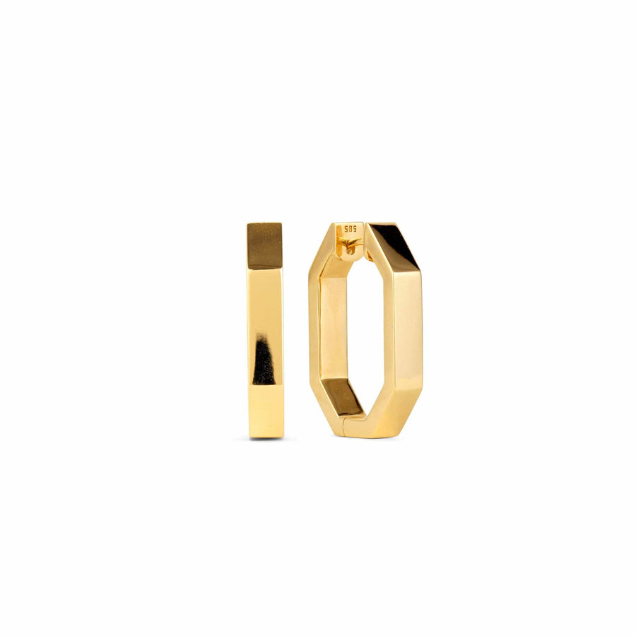Gold octagon hoop earrings with a polished finish.