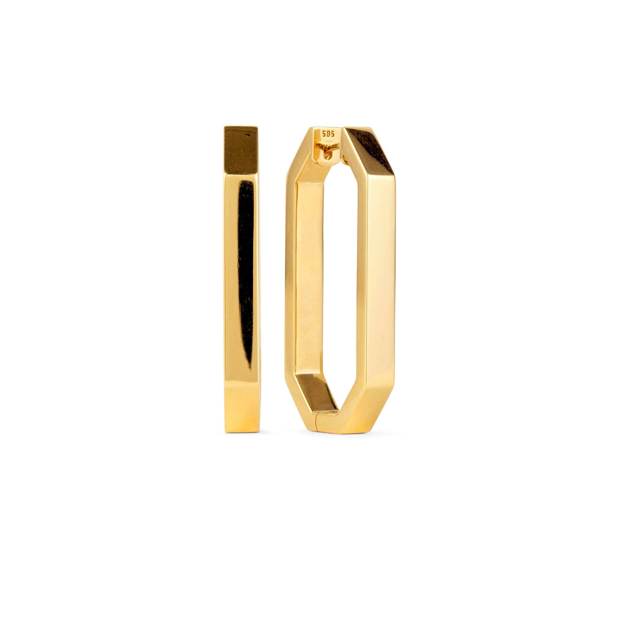 Front and side shot of gold octagon hoop earrings
