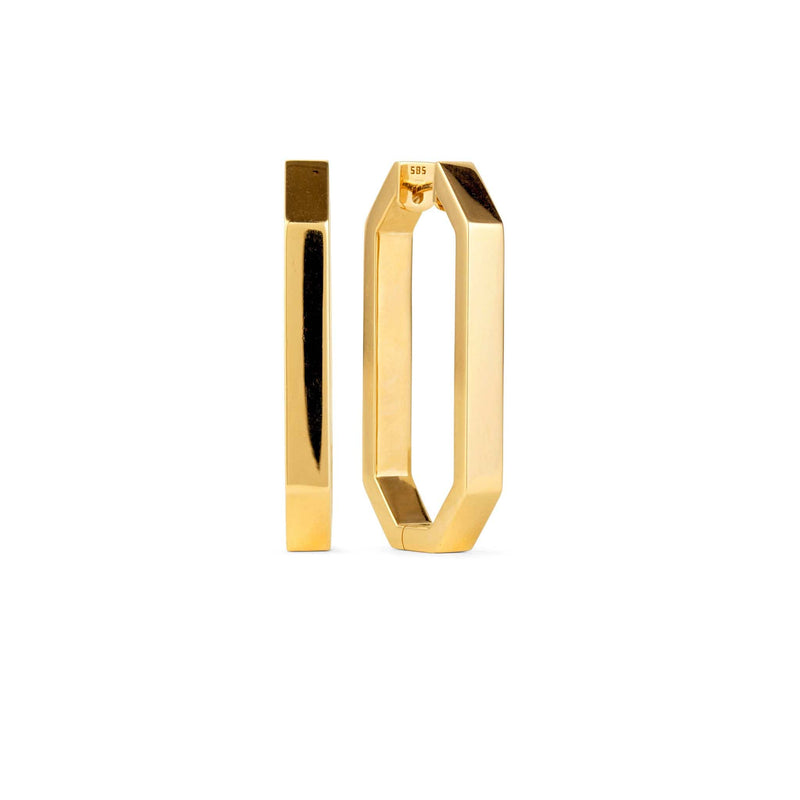 Front and side shot of gold octagon hoop earrings