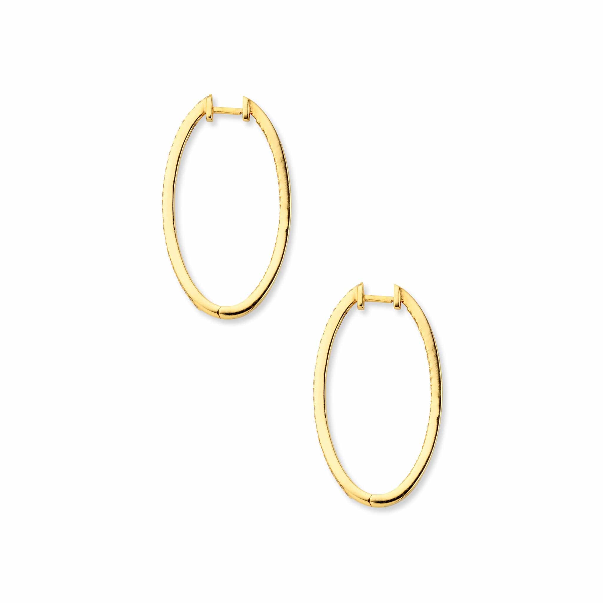 Side shot of double sided diamond hoop earrings