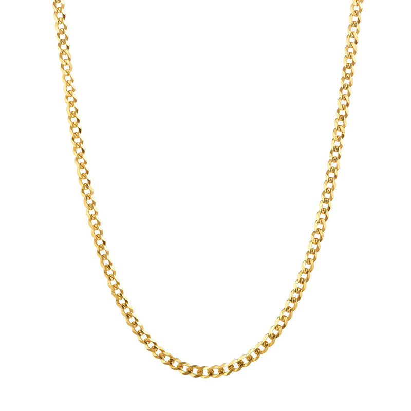 A gold curb chain against a white background.