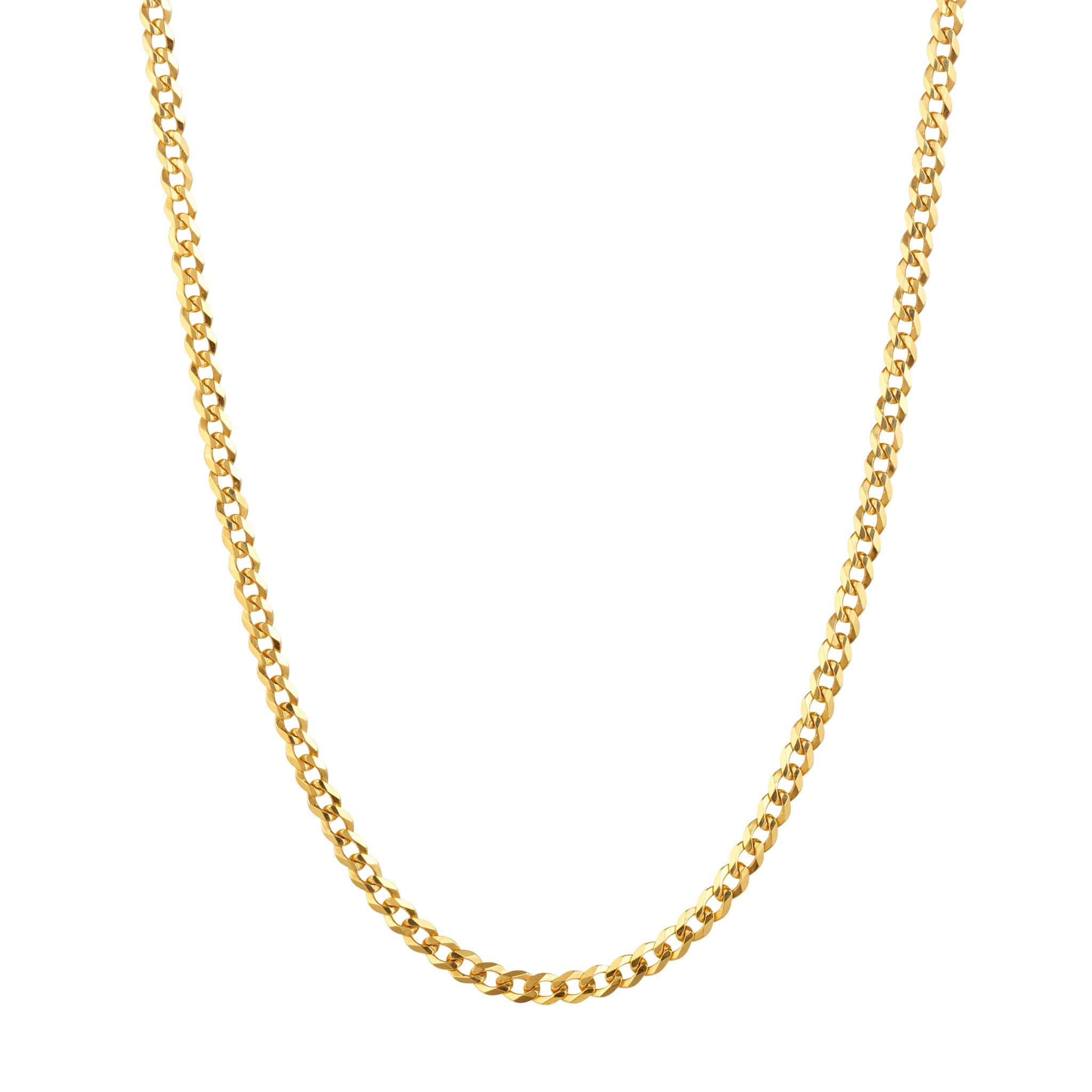 A gold curb chain against a white background.
