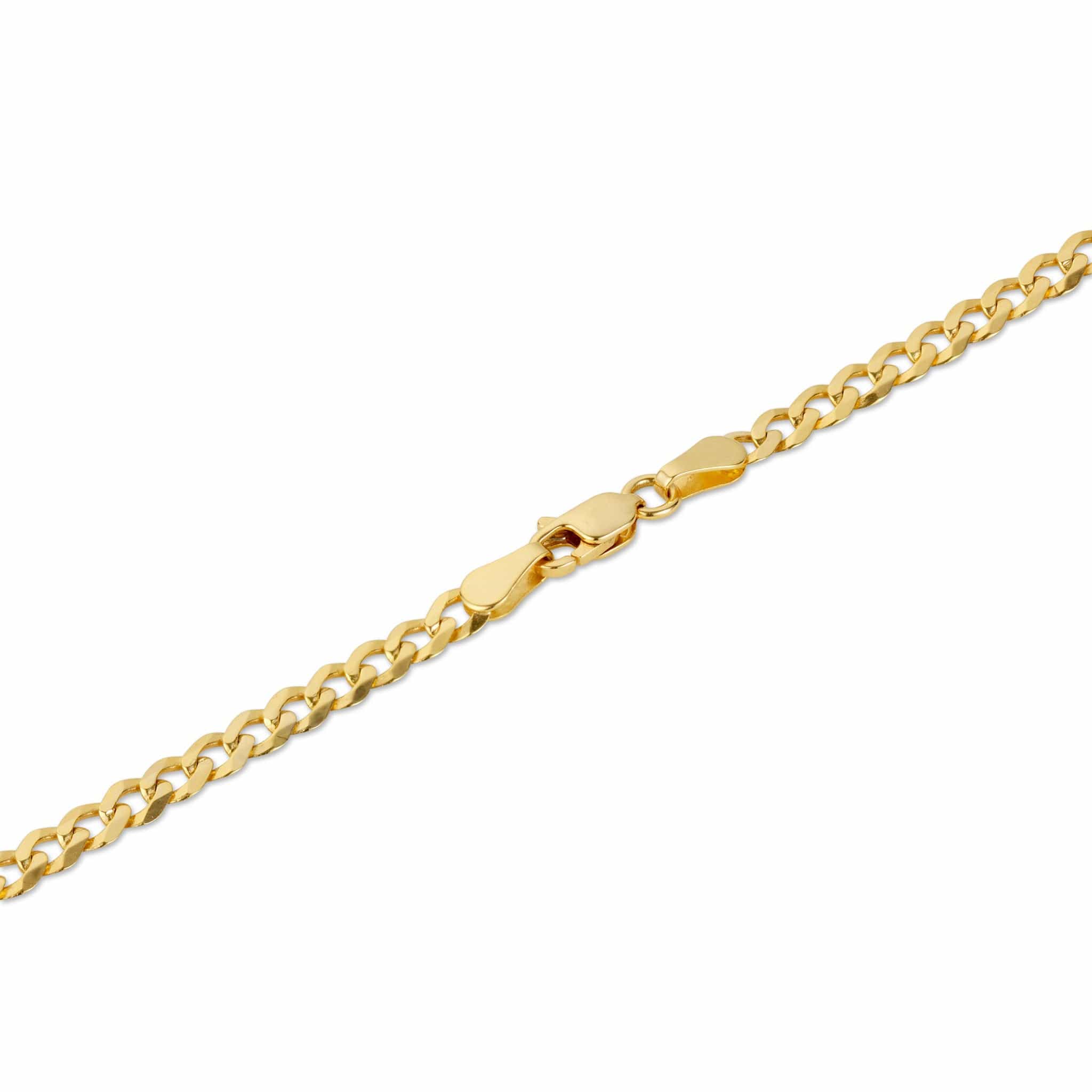 Close-up of a gold curb chain showing the clasp and individual links.