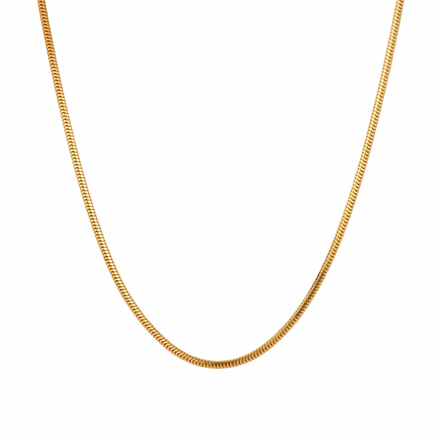 A gold snake chain necklace displayed against a white background.