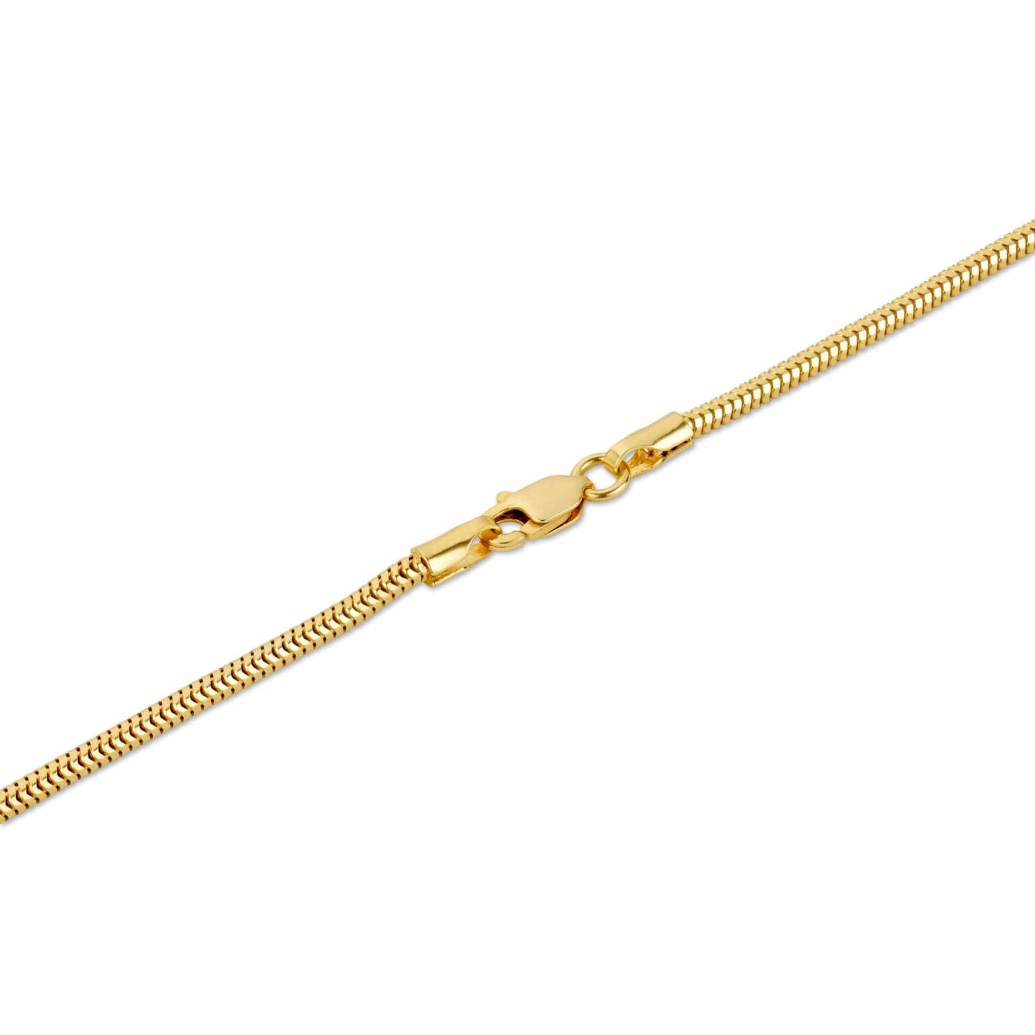 Close-up of a clasp on a gold snake chain anklet.