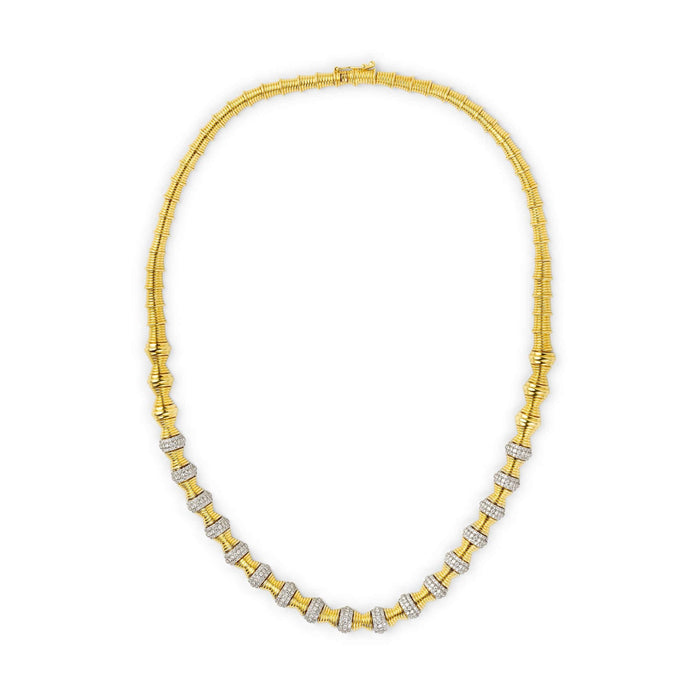 Front view of hourglass gold diamond statement necklace 