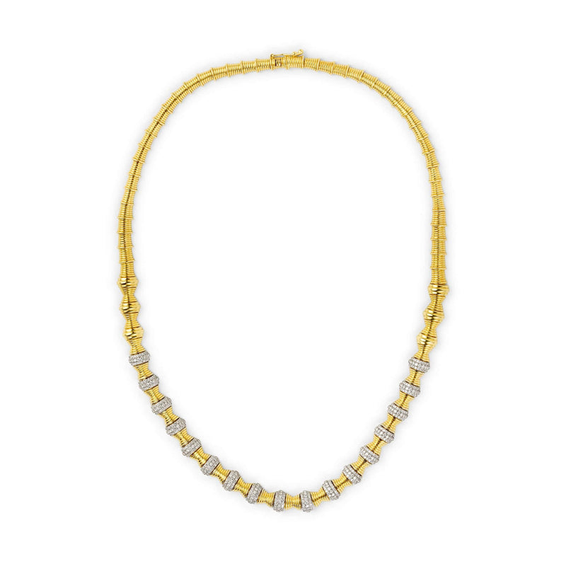 Front view of hourglass gold diamond statement necklace 