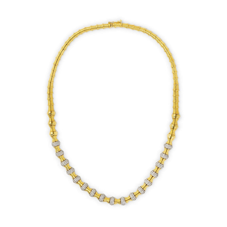Front view of hourglass gold diamond statement necklace 