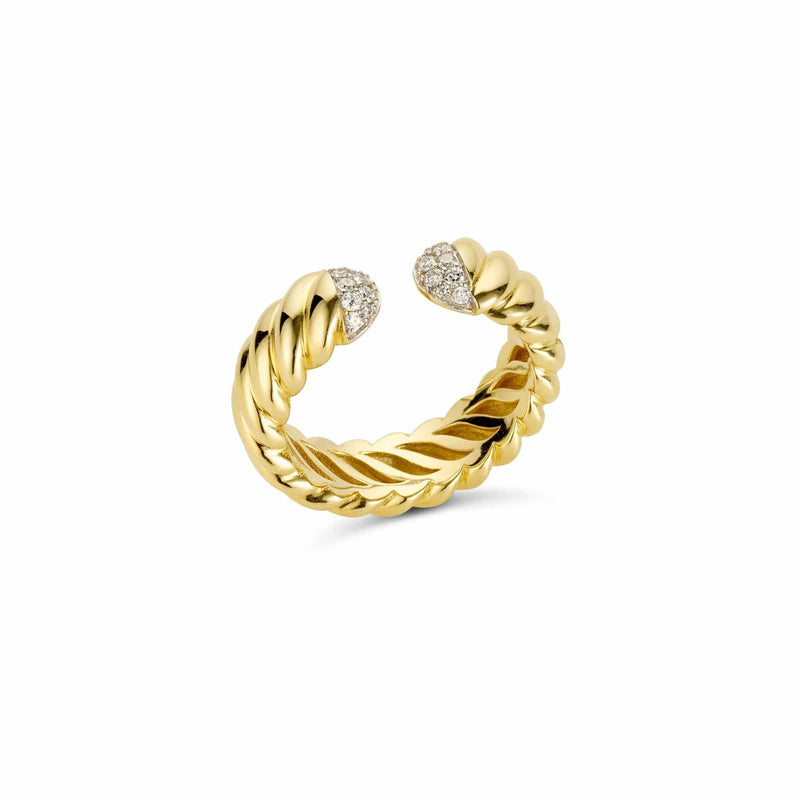 Front angled shot of infinity diamond cuff ring