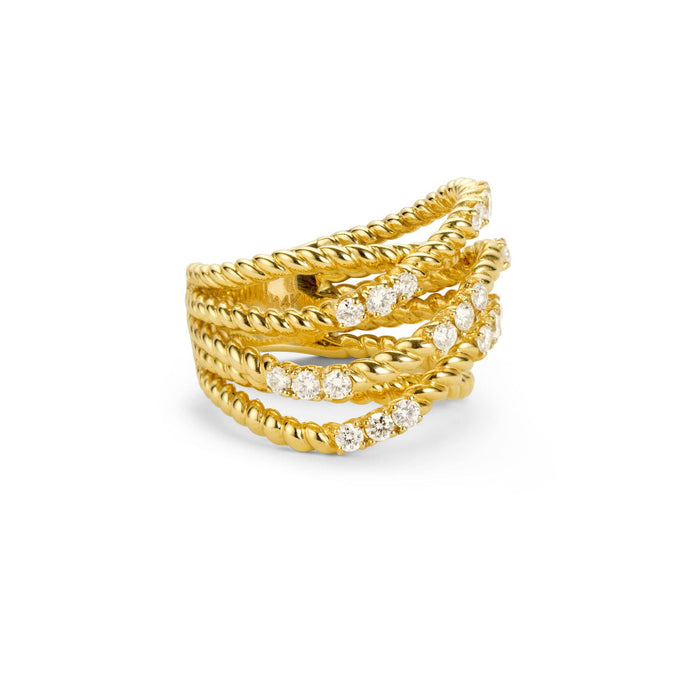 Angled side shot of five row diamond band ring