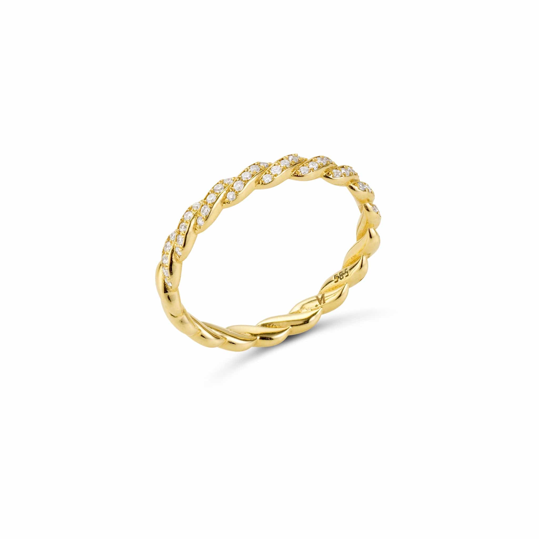 A 14k yellow gold infinity ring featuring a twisted design with a pave setting of diamonds.