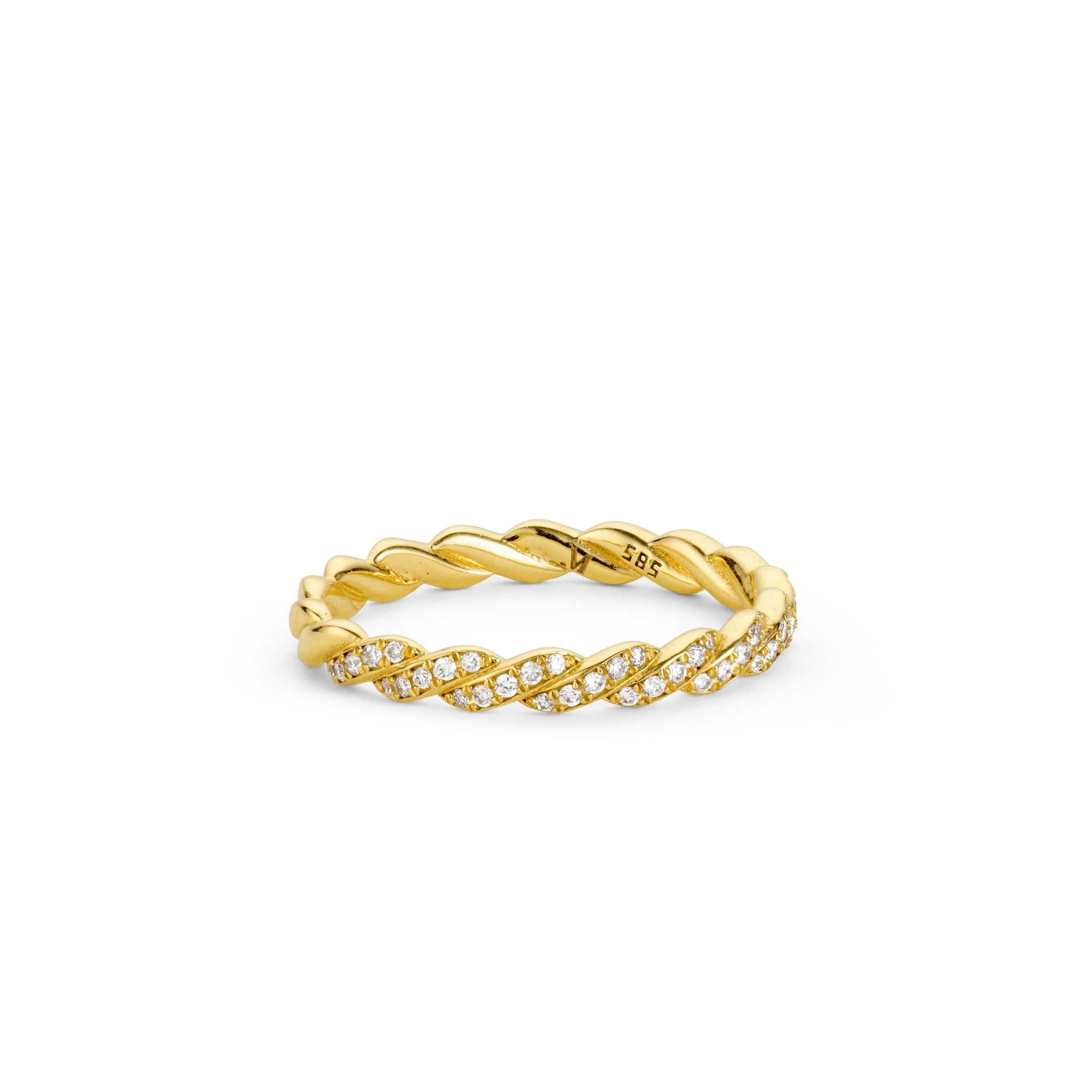 Side view of a 14k yellow gold infinity ring with pave diamonds.