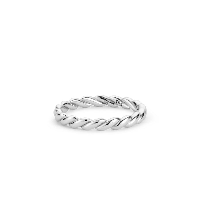 Side view of a white gold infinity ring.