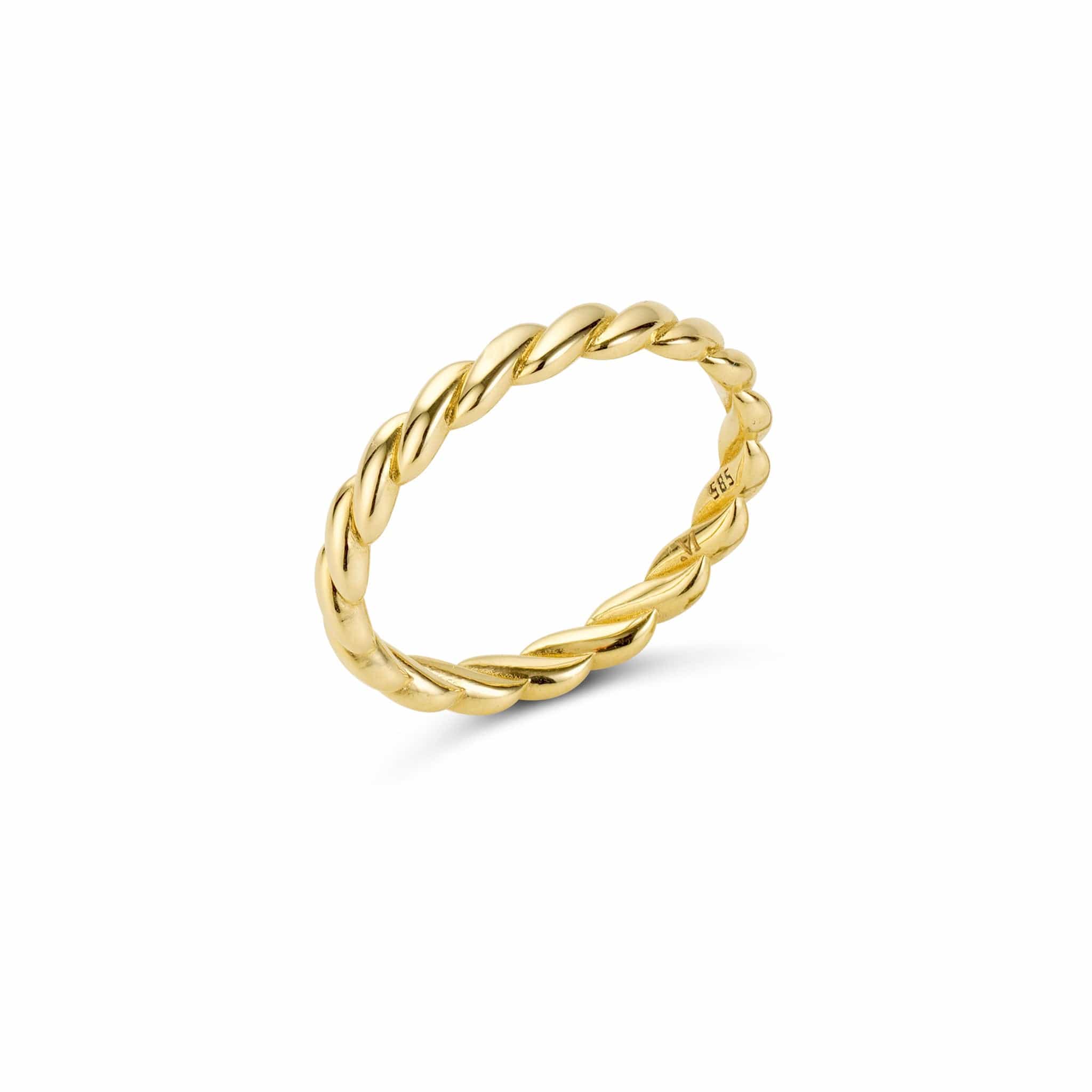 A 14k yellow gold infinity ring with a twist design on a white background.