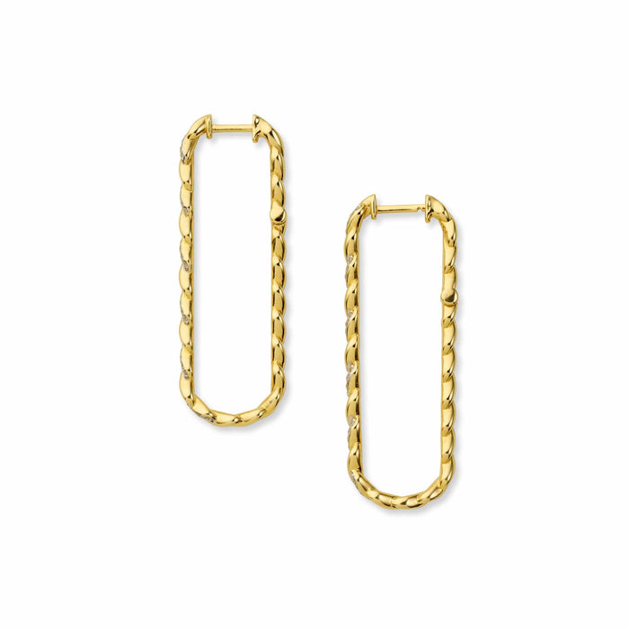 Side shot of gold infinity hoop earrings