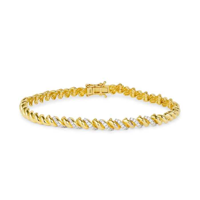 Front view of diamond 14k yellow gold infinity bracelet