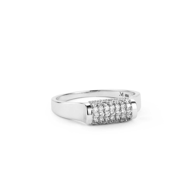 Shot of the allumare white gold diamond cylinder ring lying flat