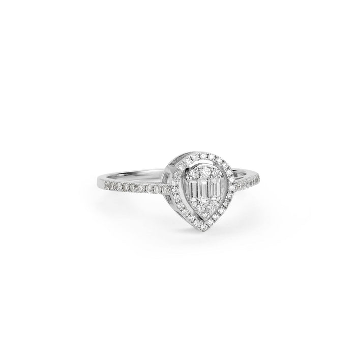 Shot of the allumare white gold diamond halo ring lying flat