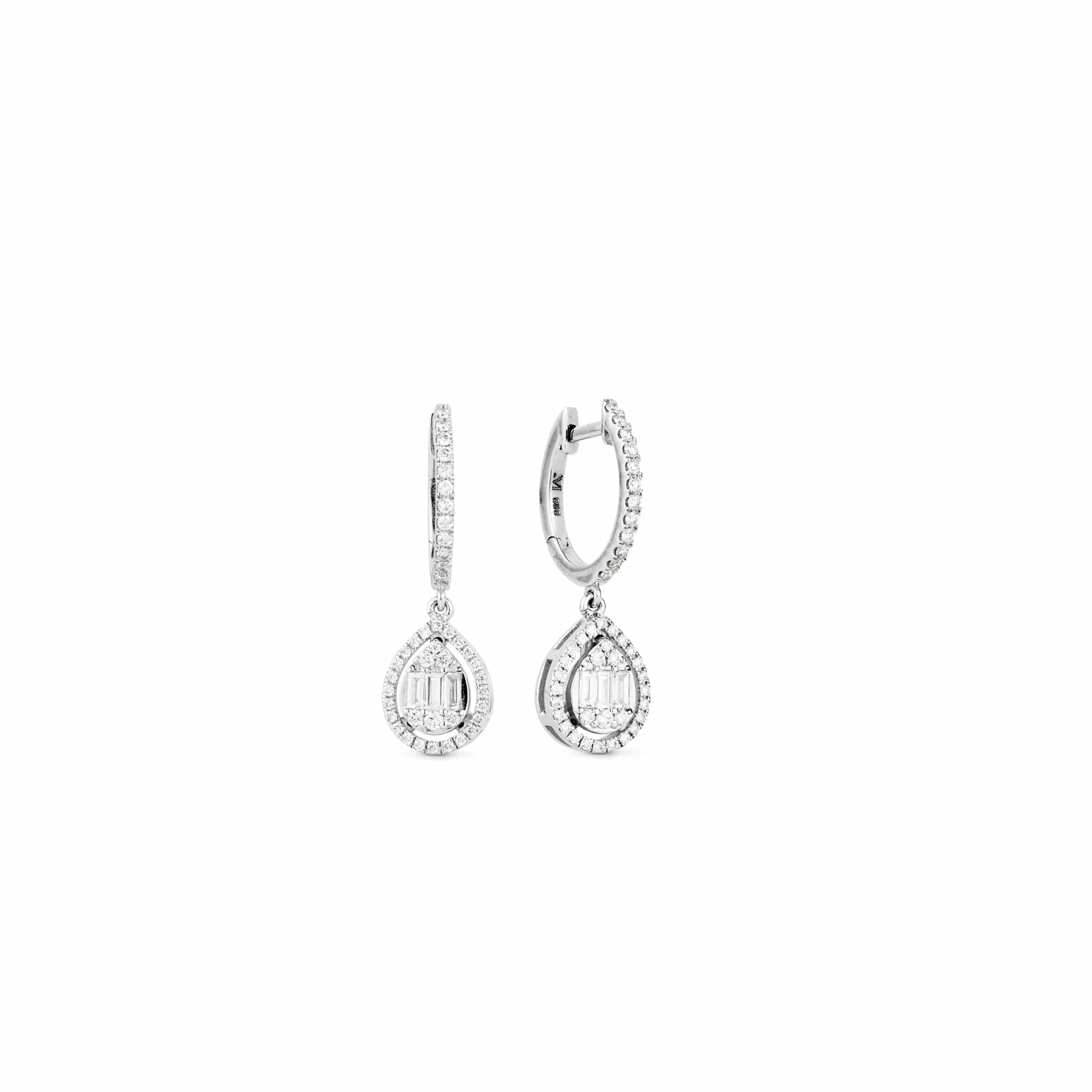 Front and angled view of allumare diamond halo drop earrings