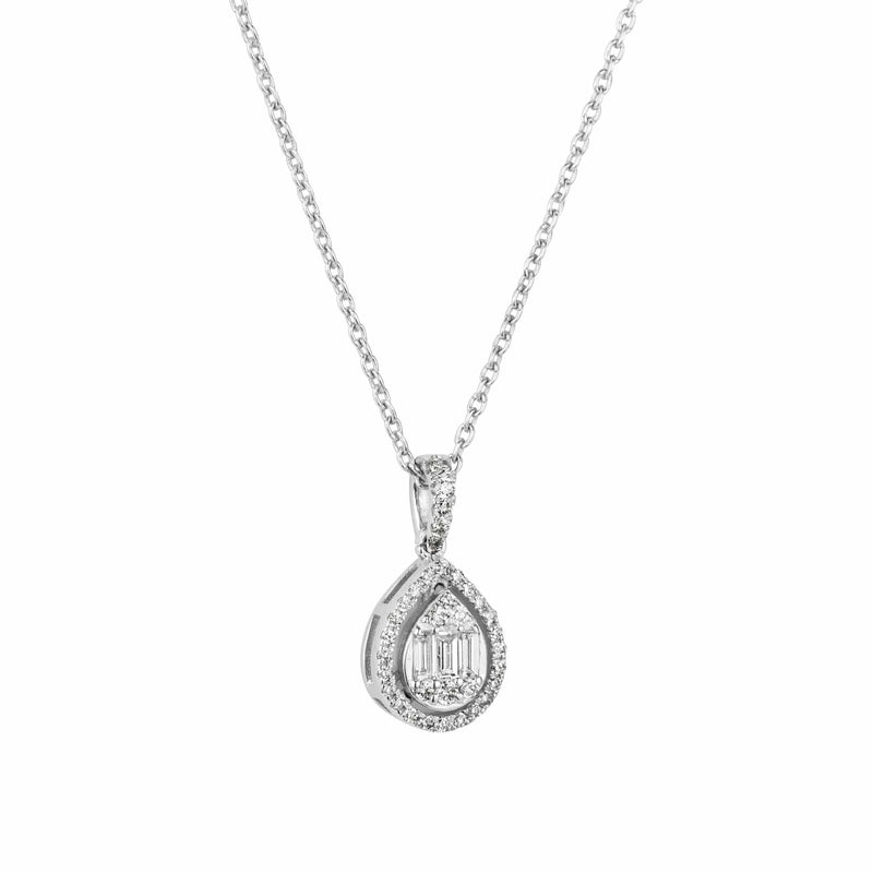 Close up view of allumare white gold halo diamond necklace