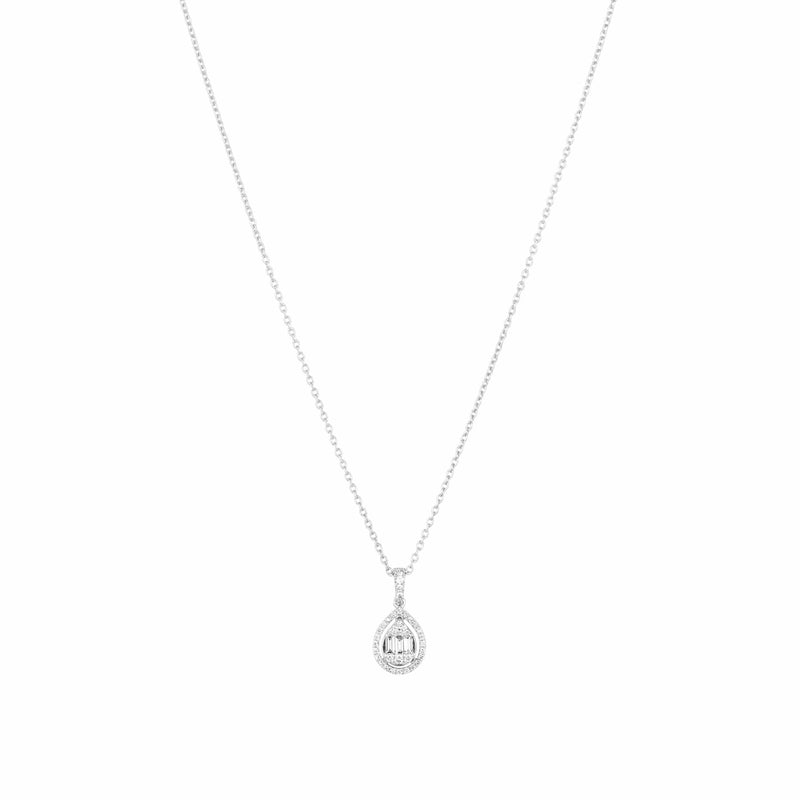 Front shot of allumare white gold diamond halo necklace