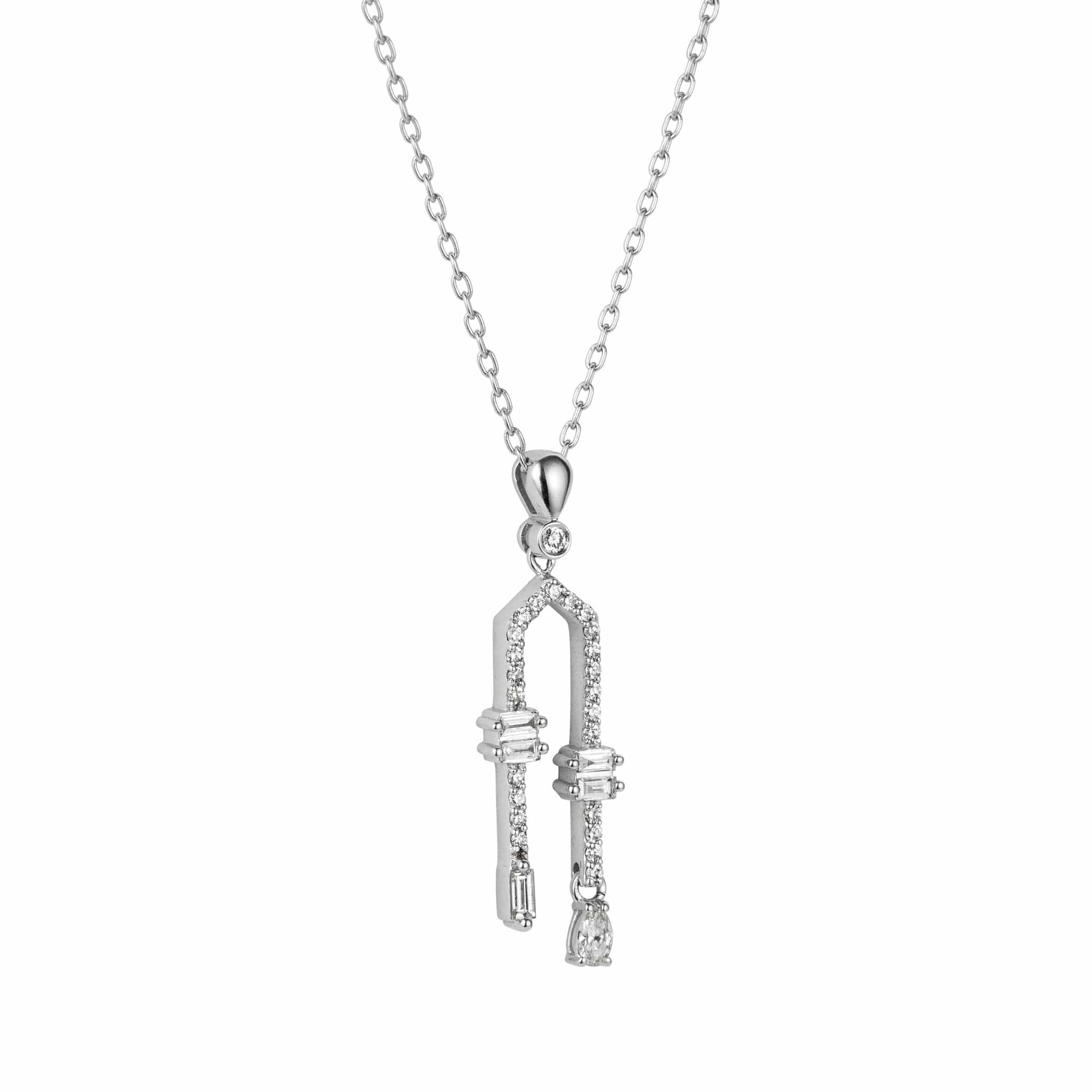 Close up view of allumare white gold 2 prong diamond pendant necklace