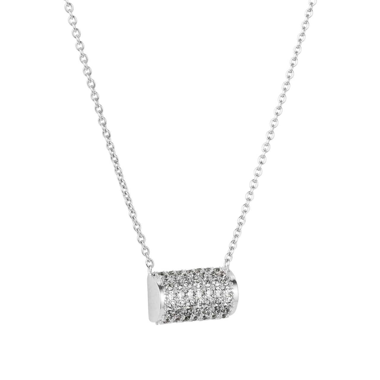 Close up view of allumare white gold cylinder necklace
