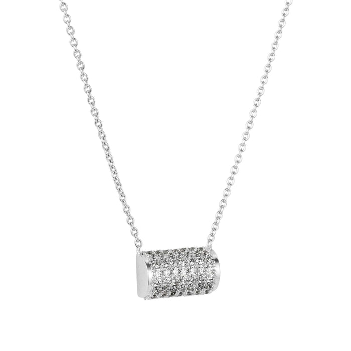 Close up view of allumare white gold cylinder necklace
