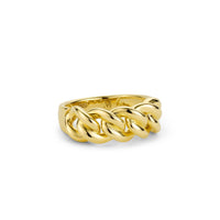 A close-up of a chain style gold link ring.