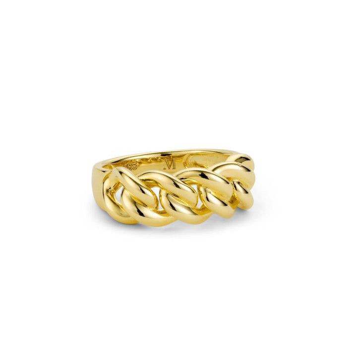 A close-up of a chain style gold link ring.