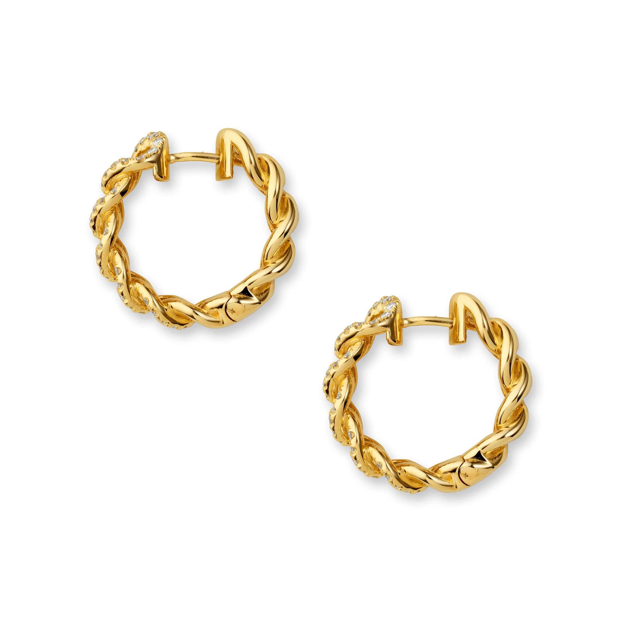 Side shot of chain link gold diamond earrings