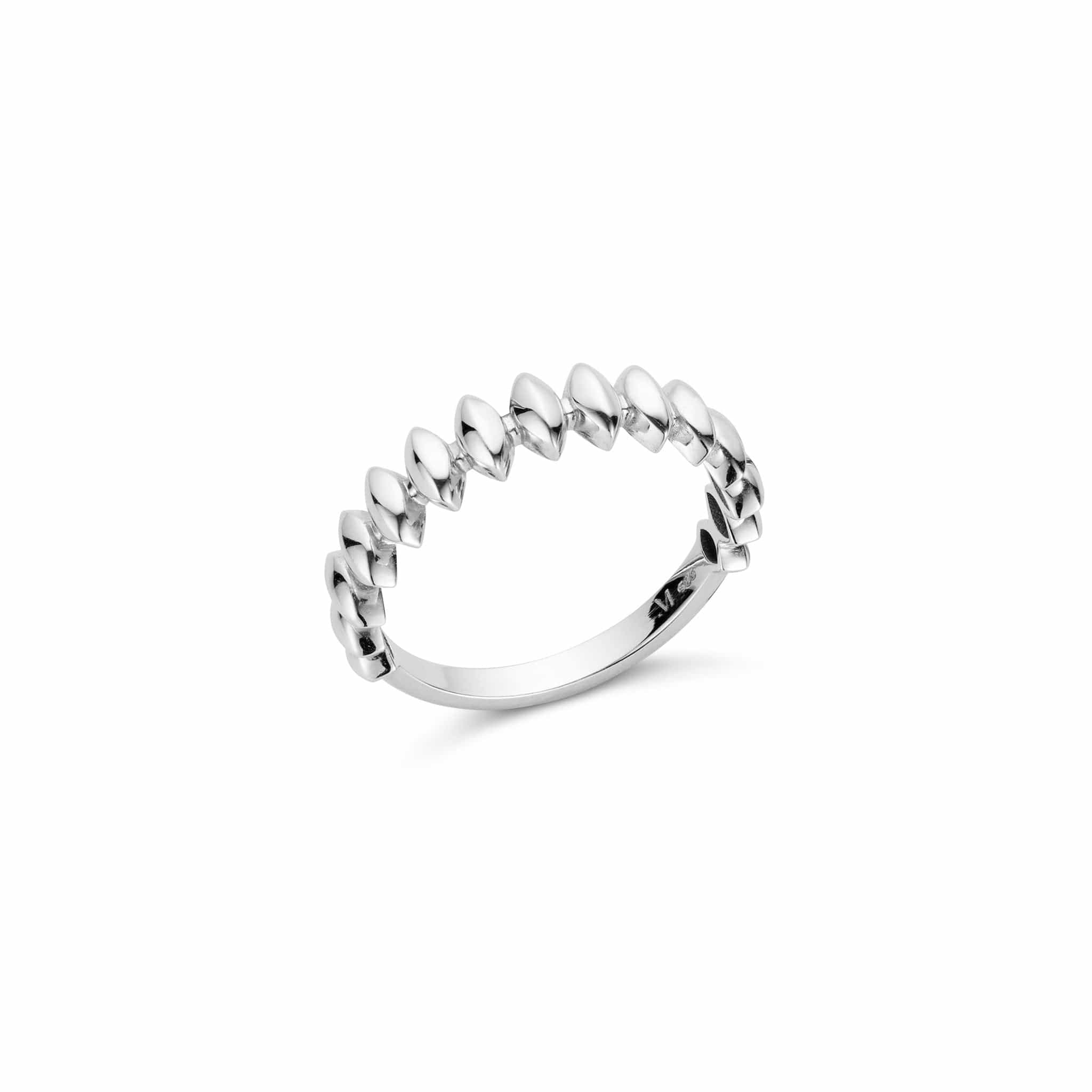 The Luna unique white gold ring with a scalloped, leaf-like design.