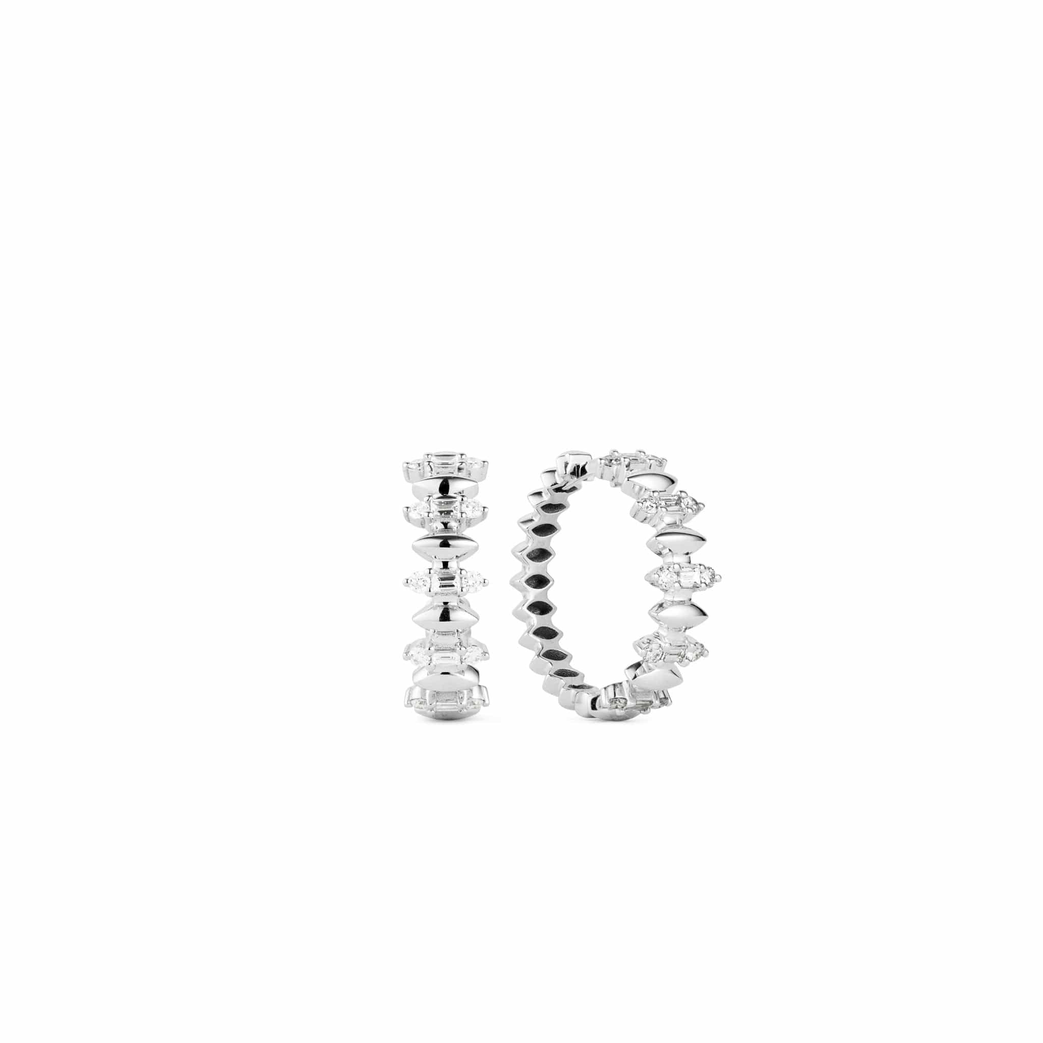 Front and side shot of diamond hoop earrings in white gold