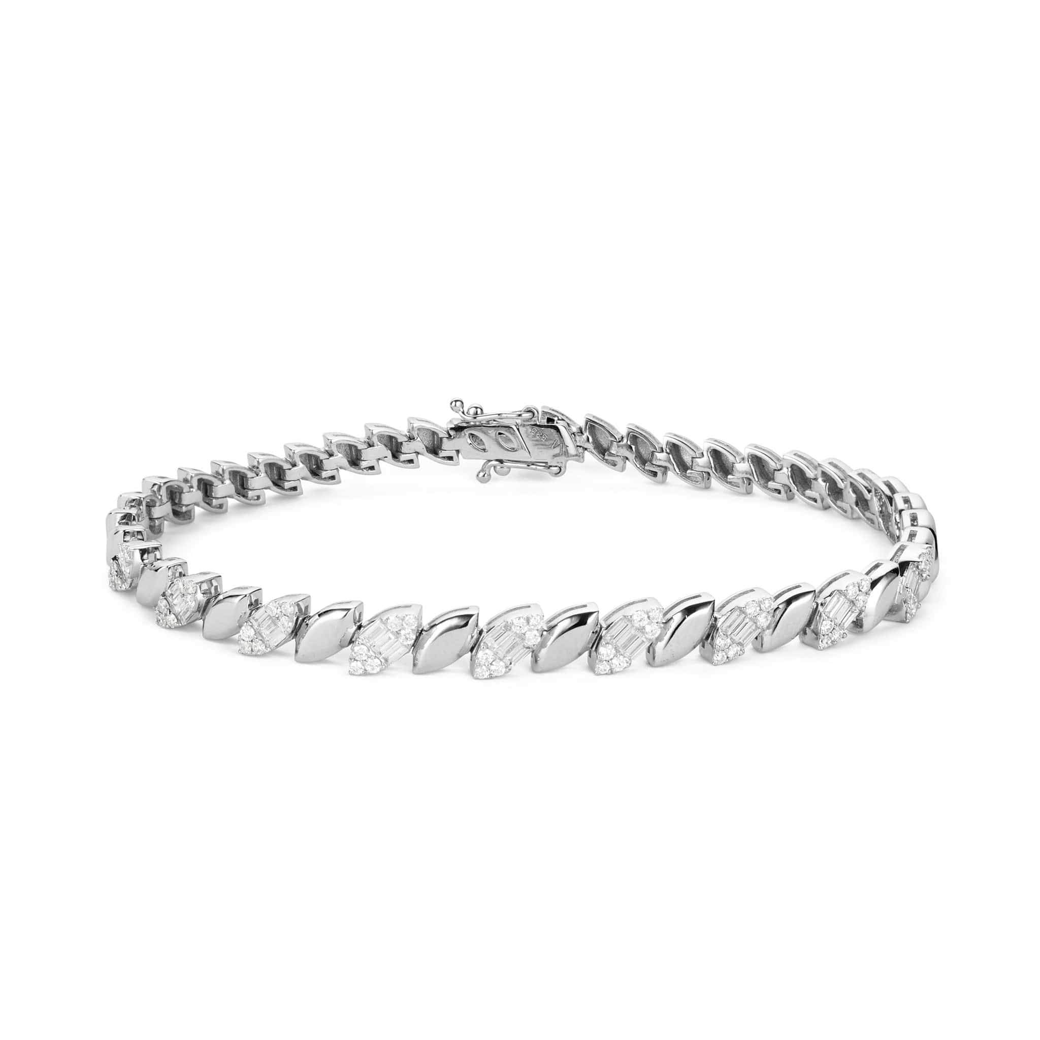 Front view of white gold diamond leaf bracelet