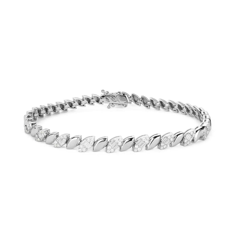Front view of white gold diamond leaf bracelet