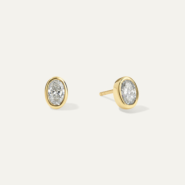 Oval Diamond Bezel Gold Stud Earrings